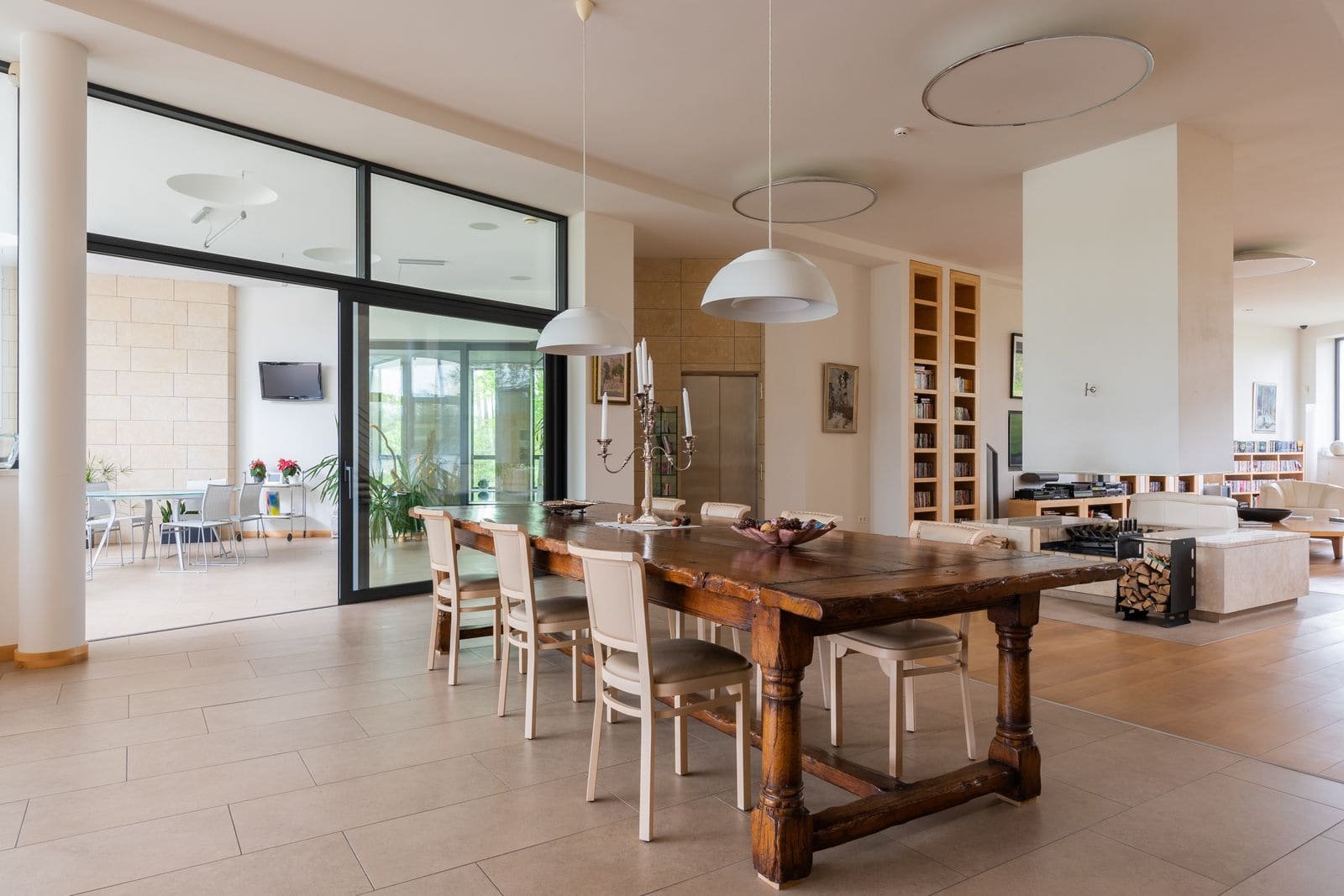 A dining area in a bright, open-plan home